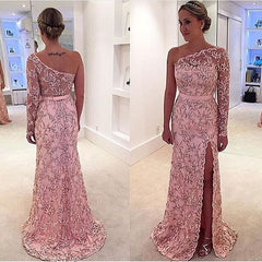 One Shoulder Long Sleeve Leaf Pattern Pink Long Prom Dress BA4407