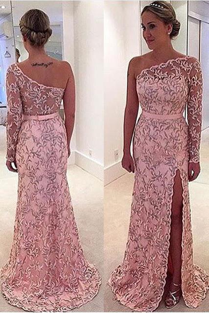 One Shoulder Long Sleeve Leaf Pattern Pink Long Prom Dress BA4407