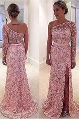 One Shoulder Long Sleeve Leaf Pattern Pink Long Prom Dress BA4407