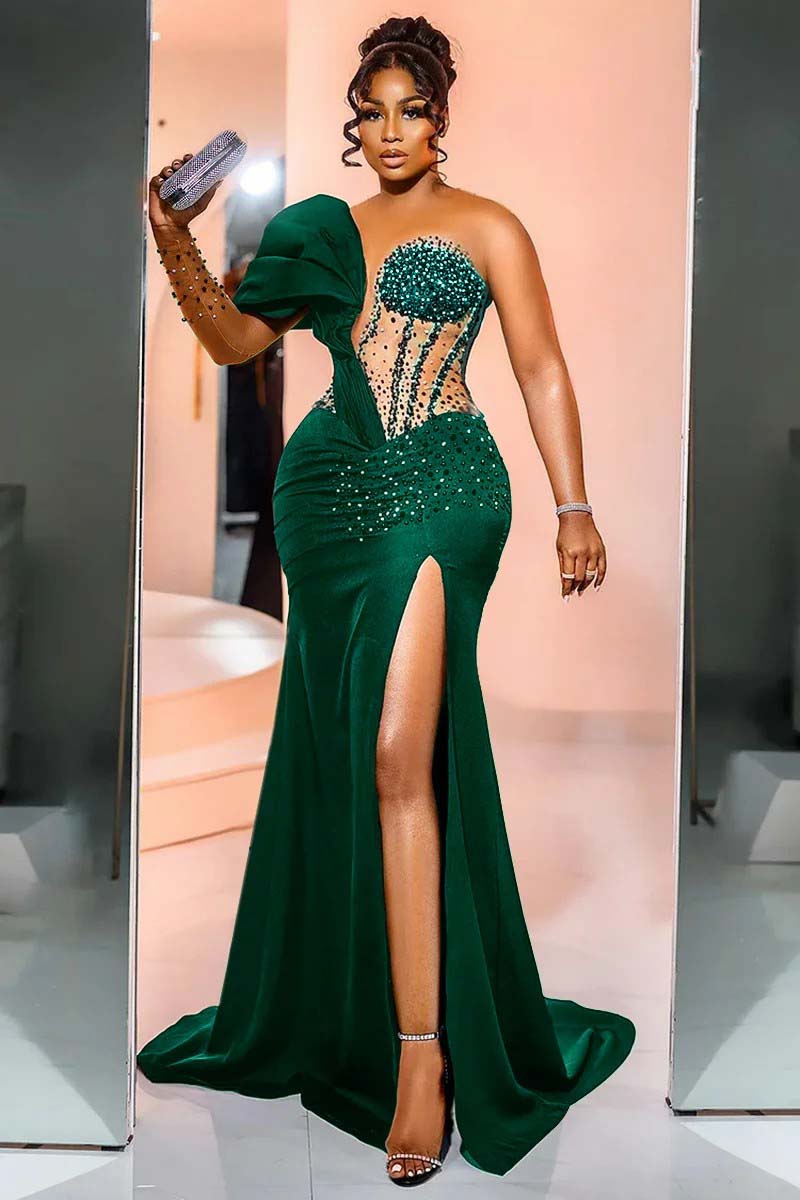 One Shoulder Long Sleeve Long Mermaid Evening Formal Dress With Beading