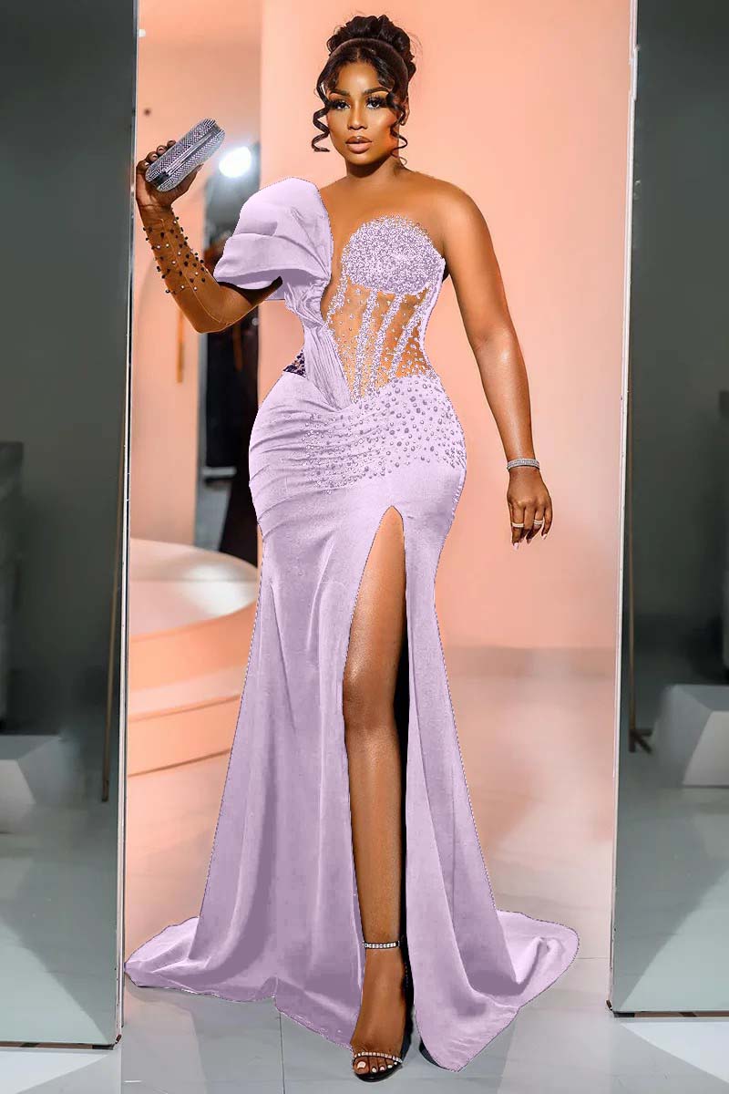 One Shoulder Long Sleeve Long Mermaid Evening Formal Dress With Beading