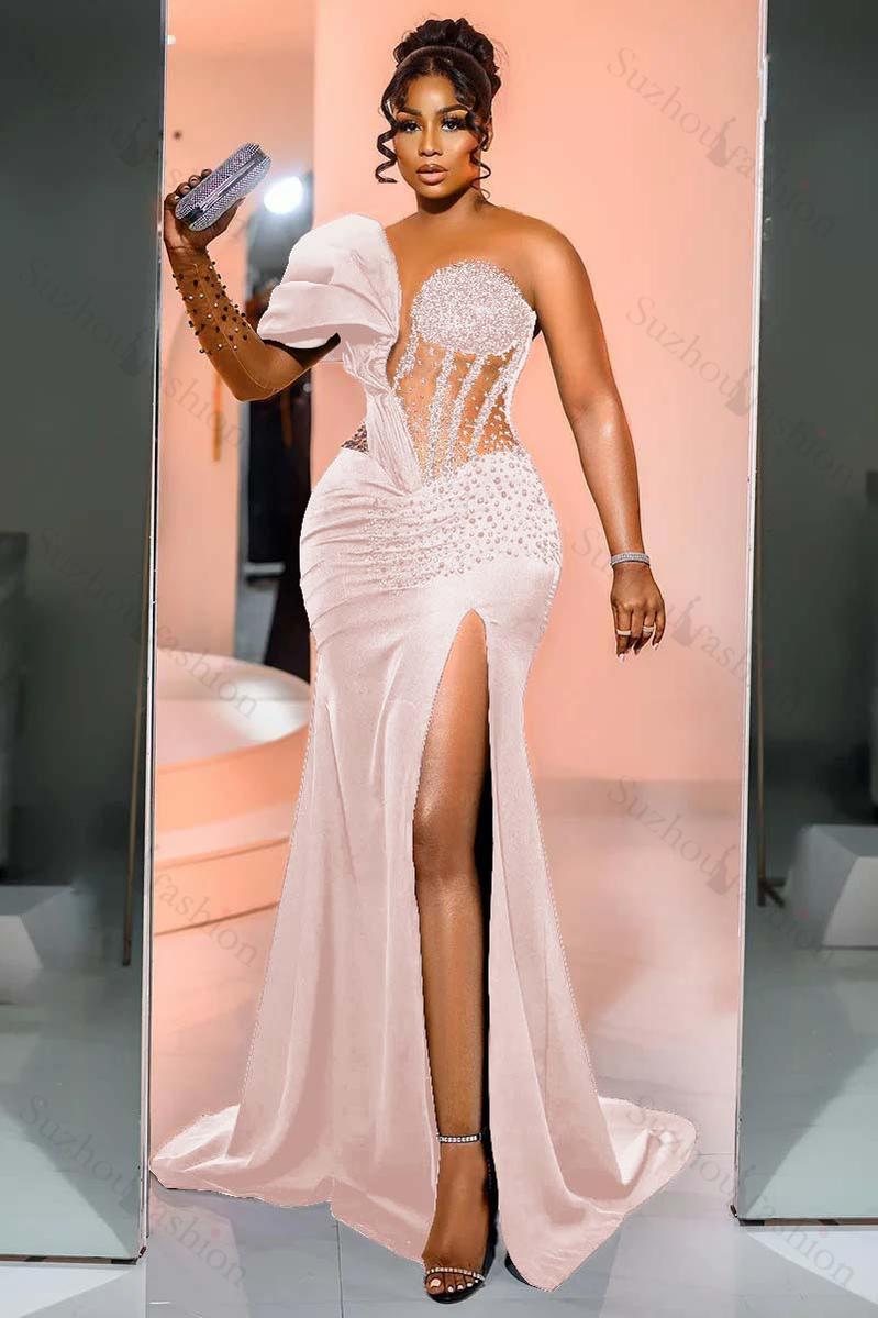 One Shoulder Long Sleeve Long Mermaid Evening Formal Dress With Beading