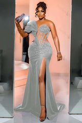 One Shoulder Long Sleeve Long Mermaid Evening Formal Dress With Beading