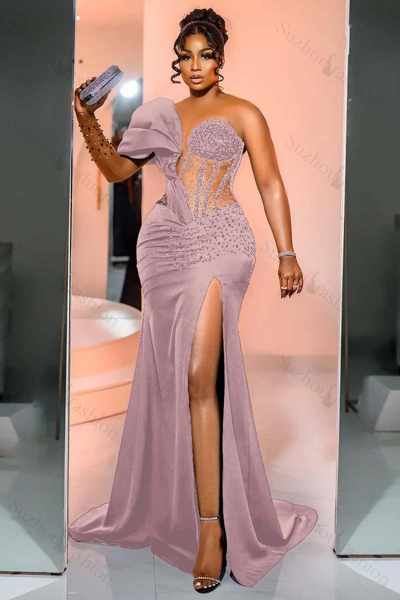 One Shoulder Long Sleeve Long Mermaid Evening Formal Dress With Beading