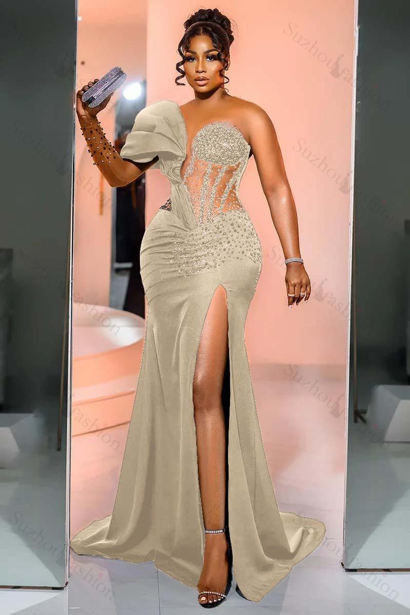 One Shoulder Long Sleeve Long Mermaid Evening Formal Dress With Beading