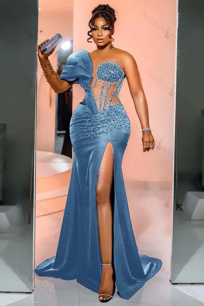 One Shoulder Long Sleeve Long Mermaid Evening Formal Dress With Beading