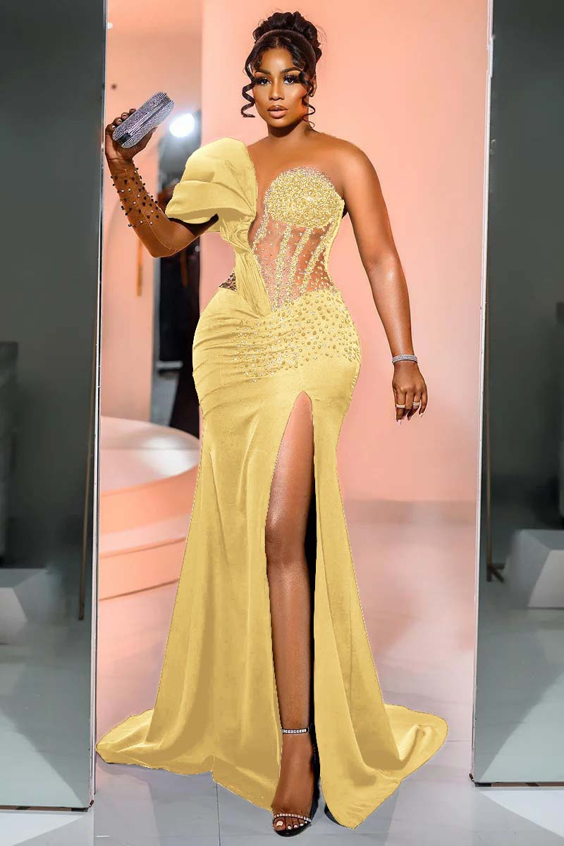 One Shoulder Long Sleeve Long Mermaid Evening Formal Dress With Beading