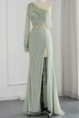 One Shoulder Long Sleeve Sage Prom Dress Beading Long Evening Formal Dress