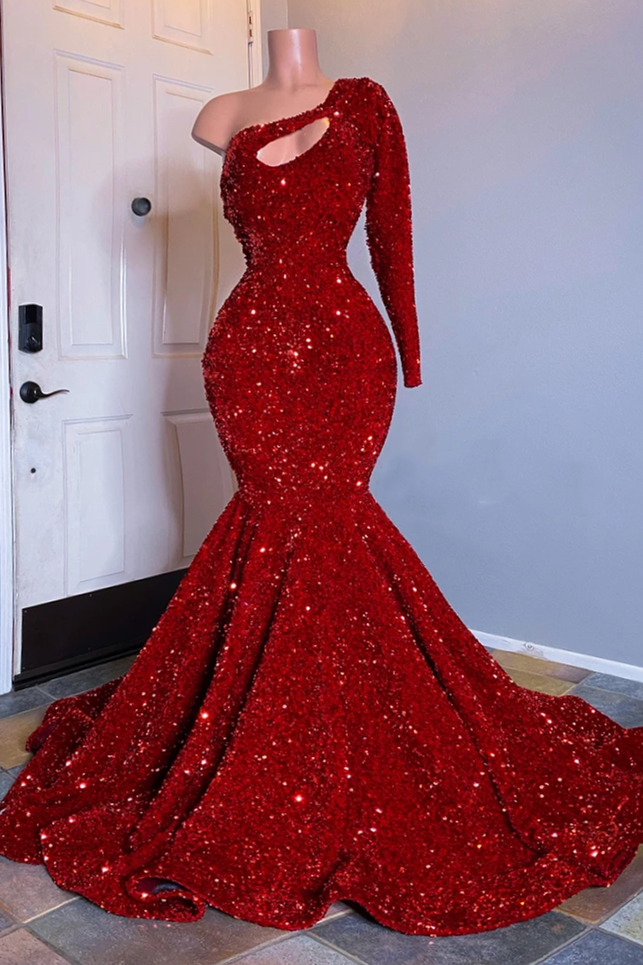 One Shoulder Mermaid Red Prom Dresses | Sequins Evening Gowns BC3613