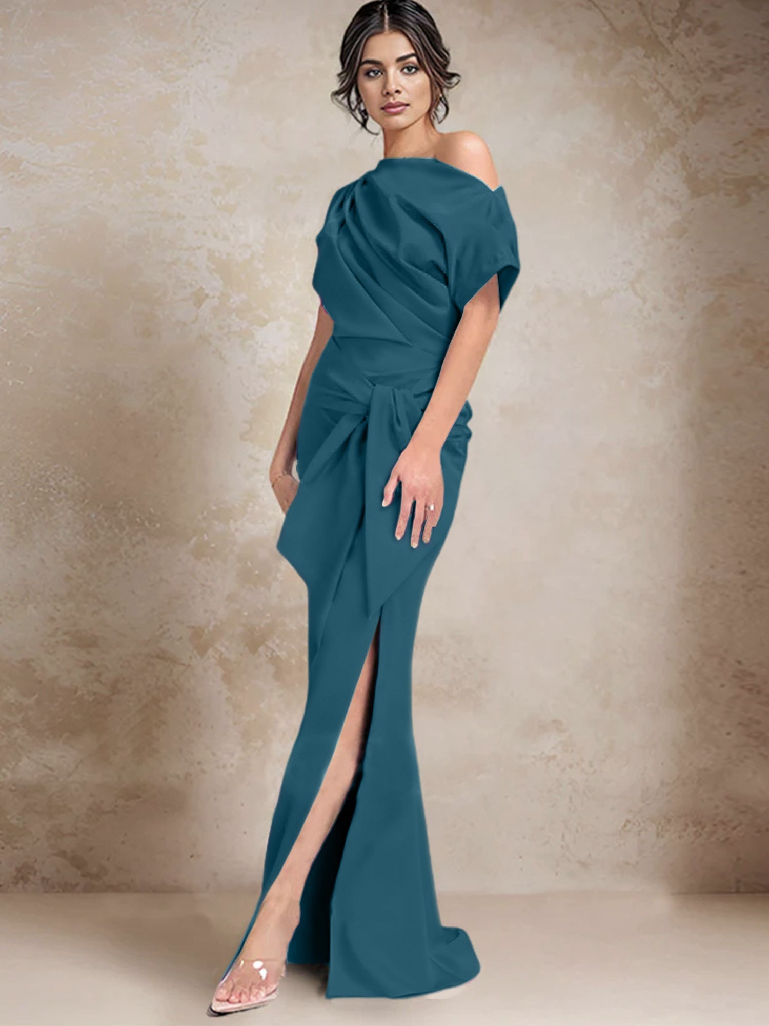 One Shoulder Mermaid Trumpet Mother of the Bride Dress Featuring a Side Split