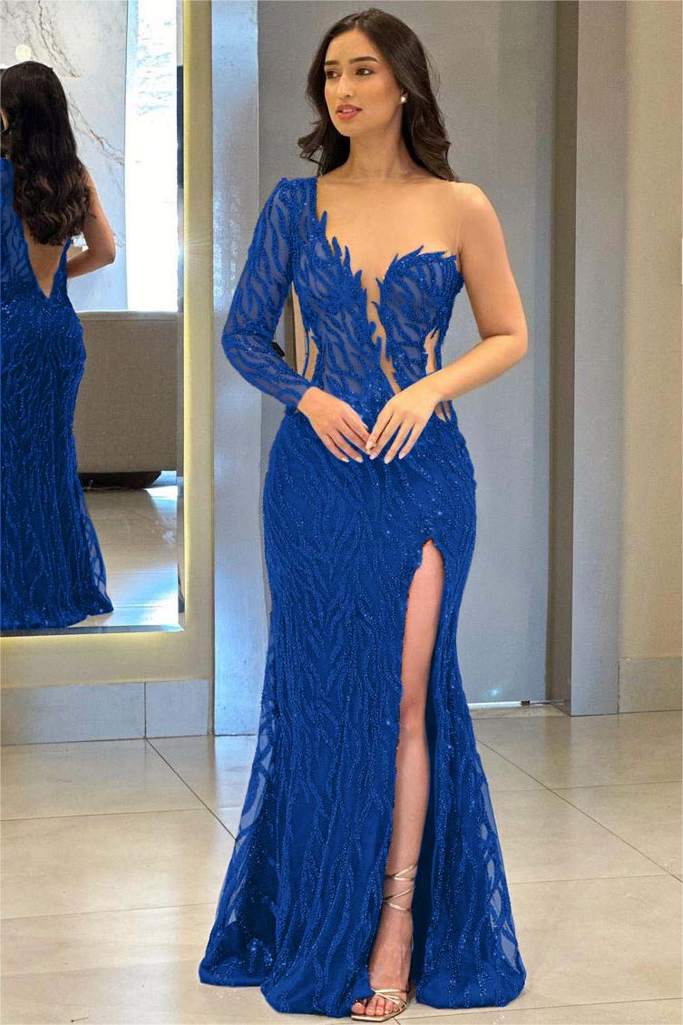 One Shoulder One Long Sleeve Backless Mermaid Split Evening Formal Dress With Appliques