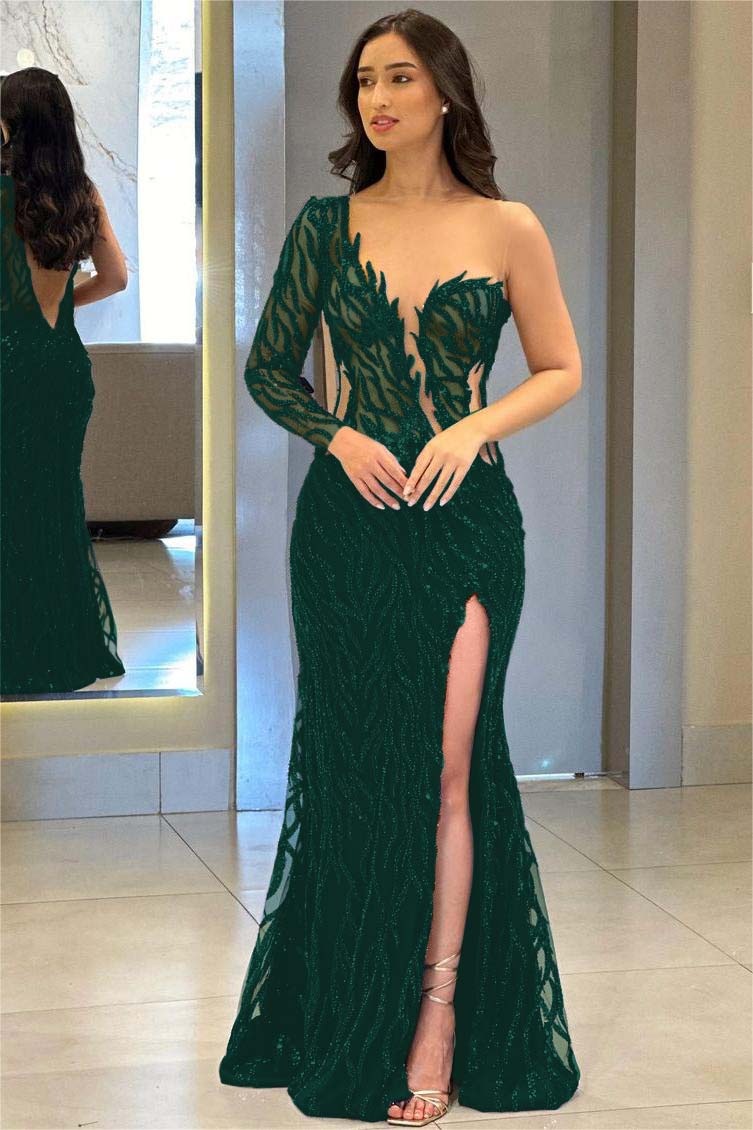 One Shoulder One Long Sleeve Backless Mermaid Split Evening Formal Dress With Appliques