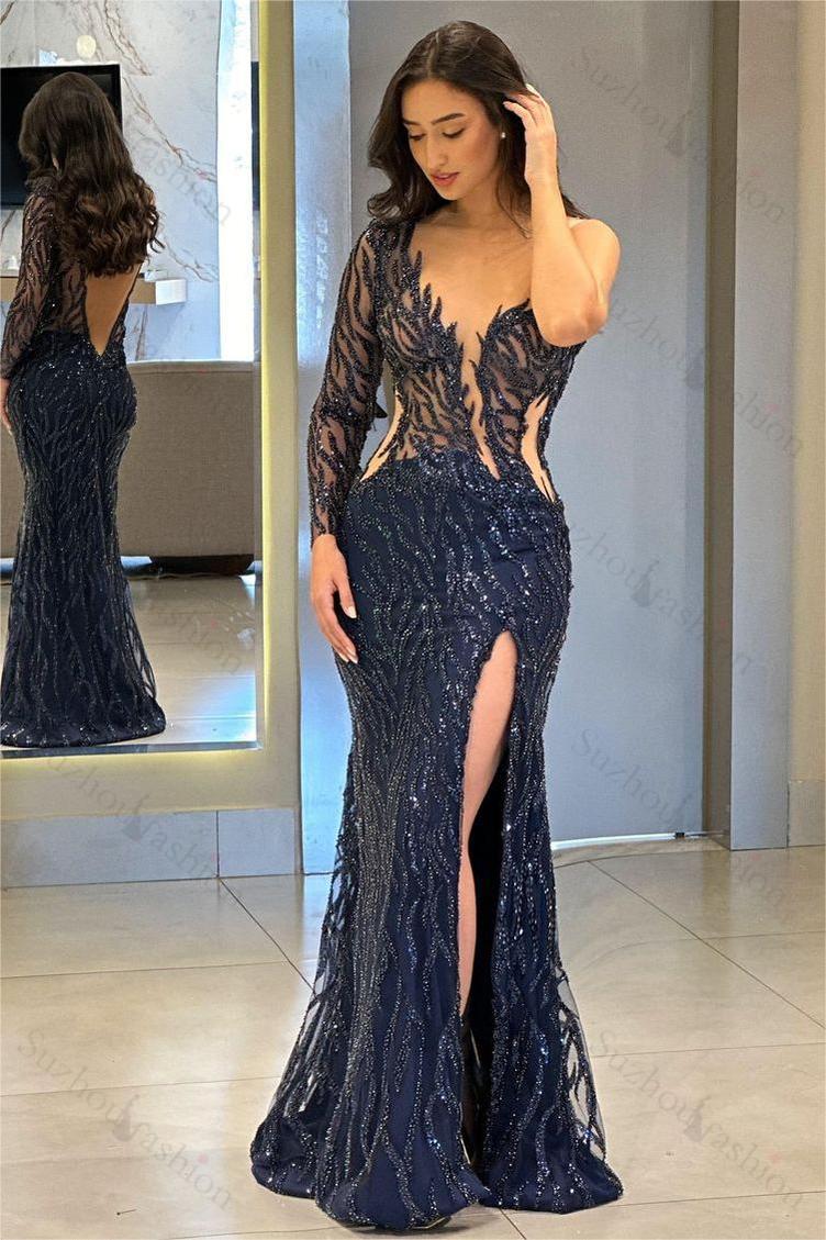 One Shoulder One Long Sleeve Backless Mermaid Split Evening Formal Dress With Appliques
