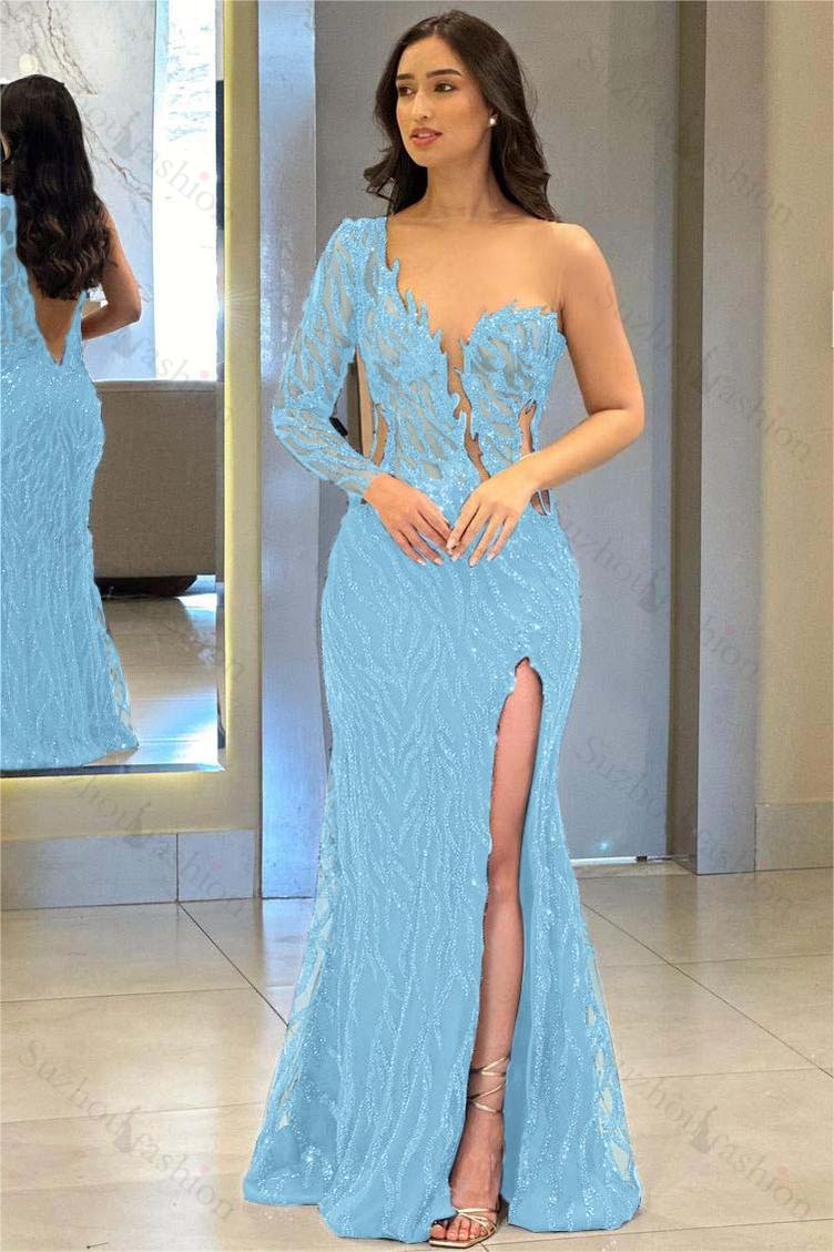 One Shoulder One Long Sleeve Backless Mermaid Split Evening Formal Dress With Appliques