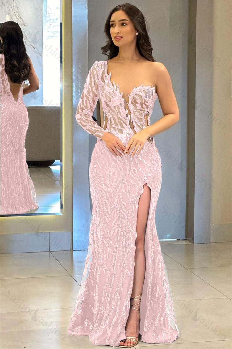 One Shoulder One Long Sleeve Backless Mermaid Split Evening Formal Dress With Appliques
