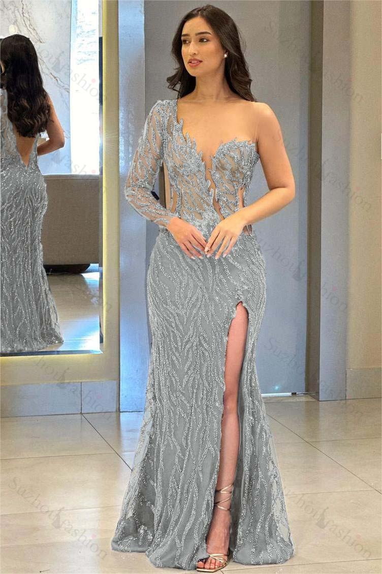 One Shoulder One Long Sleeve Backless Mermaid Split Evening Formal Dress With Appliques