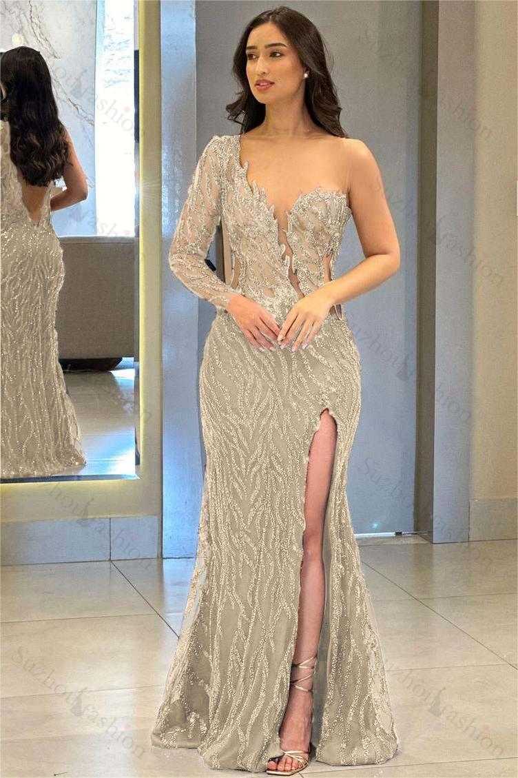One Shoulder One Long Sleeve Backless Mermaid Split Evening Formal Dress With Appliques