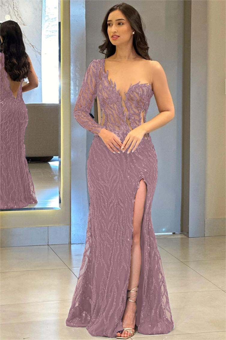 One Shoulder One Long Sleeve Backless Mermaid Split Evening Formal Dress With Appliques