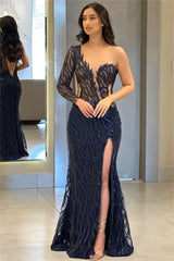 One Shoulder One Long Sleeve Backless Mermaid Split Evening Formal Dress With Appliques