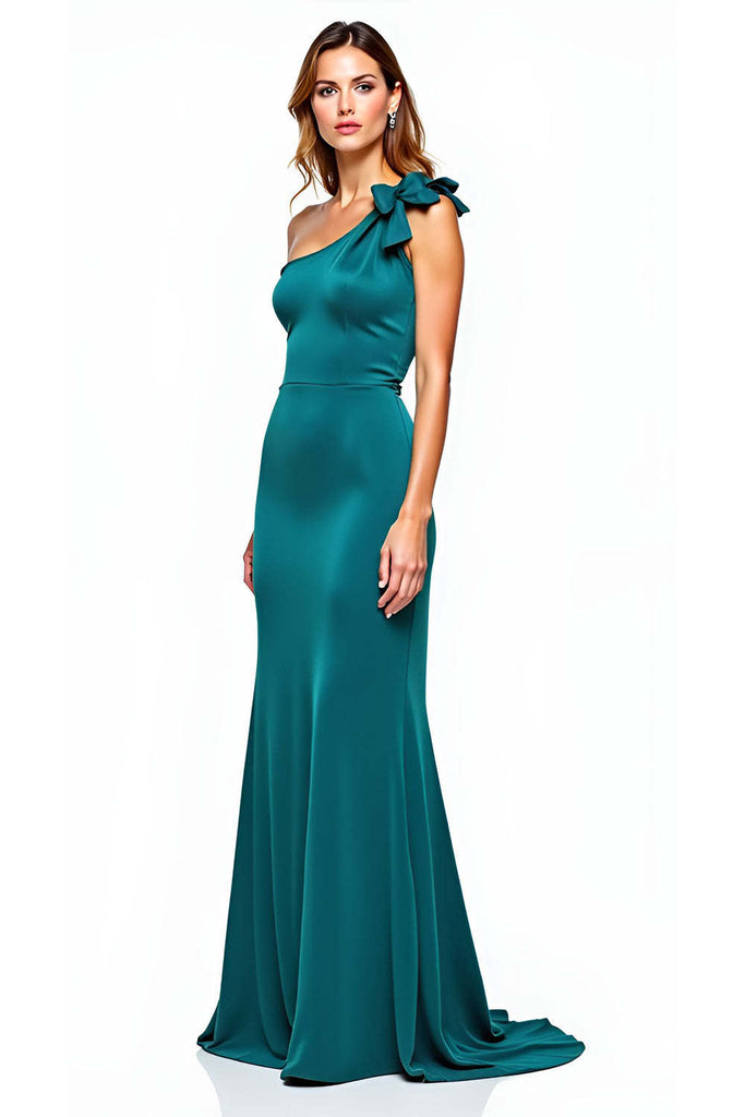open lace back dress Peacock Green Bridesmaid Dresses Flowy One Shoulder Long Sleeves Floor Length Chiffon Bridesmaid Dresses
