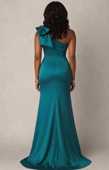 One Shoulder Peacock Satin Long Formal Dress With Bowknot