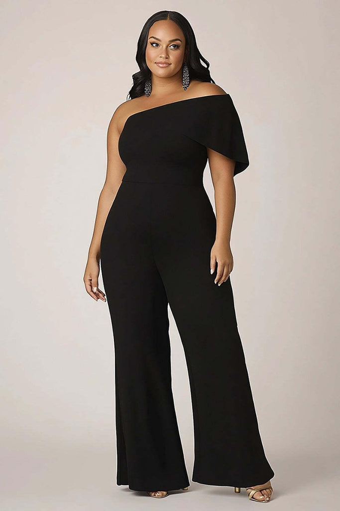 Suzhoufashion One Shoulder Plus Size Black Wedding Guest Dress Long Formal Jumpsuit