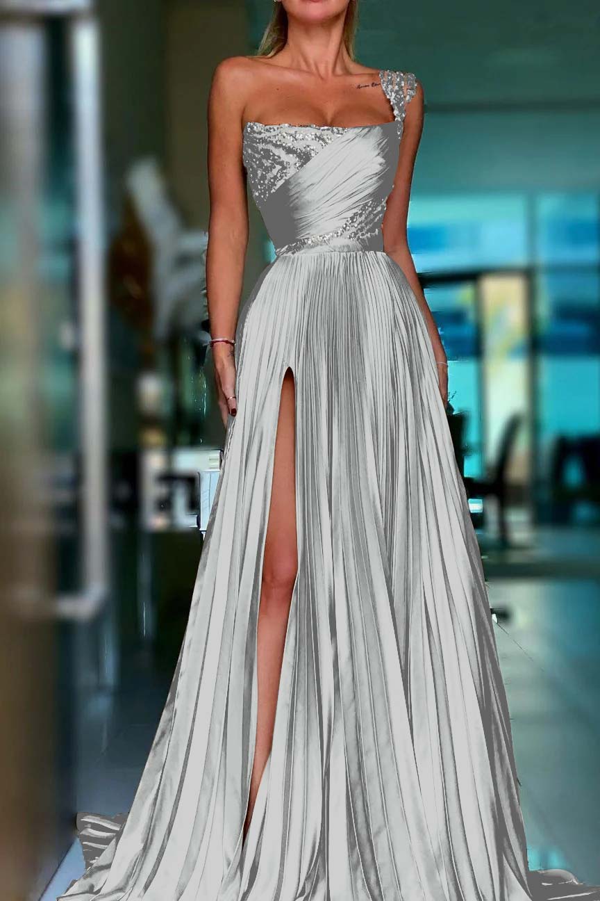 One Shoulder Prom Dress Gold Sequined Sleeveless Long Evening Formal Dress With High Split