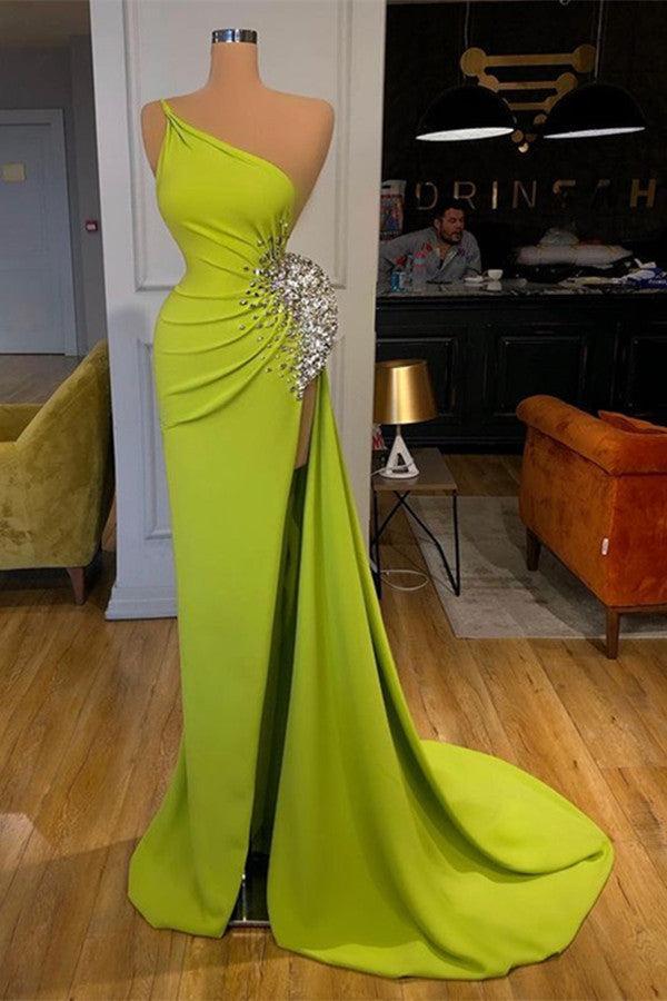 One Shoulder Prom Dress Green Sleeveless Mermaid Long Evening Formal Dress With Split