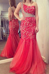 One Shoulder Prom Dress Mermaid Lace Tulle Crystals Evening Dress Long