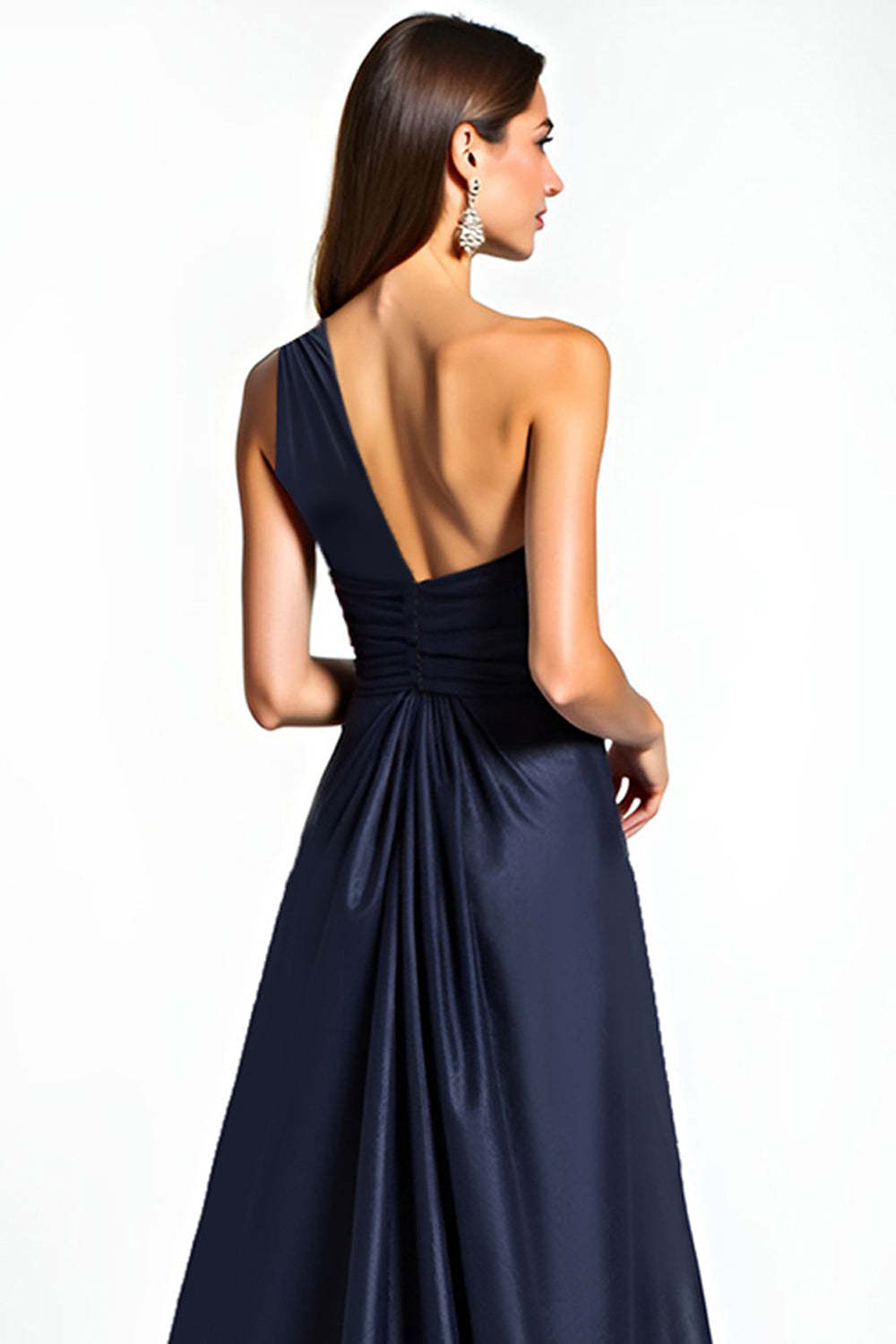 One Shoulder Satin Navy Wedding Guest Dress Long Formal Dress