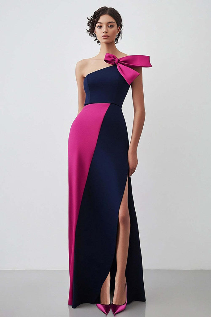 fuchsia wedding guest dress Suzhoufashion One Shoulder Sheath Navy Long Formal Dress With Slit elegant evening soirees SUN35 KissProm High Neck A-Line Color:Khaki Print