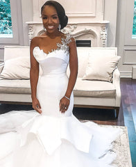 One Shoulder Sheer Tulle Wedding Dresses | Shiny Appliques Ruffles Bridal Gowns Online