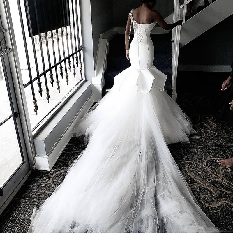 sheer one shoulder wedding dress White One Shoulder High Slit Bridal Dress JB37601