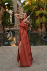 One Shoulder Sleeveless Backless Long Evening Formal Dress With Front Split