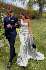 One Shoulder Sleeveless Dark Green Prom Dress Evening Formal Dress Long With Pleated