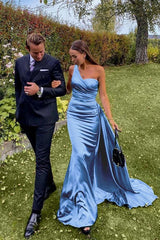 One Shoulder Sleeveless Dark Green Prom Dress Evening Formal Dress Long With Pleated