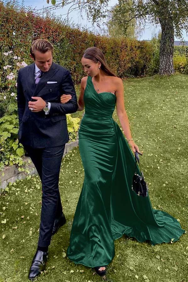 One Shoulder Sleeveless Dark Green Prom Dress Evening Formal Dress Long With Pleated