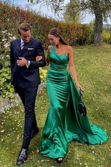 One Shoulder Sleeveless Dark Green Prom Dress Evening Formal Dress Long With Pleated