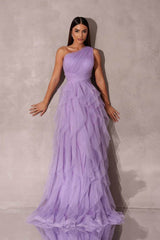 One Shoulder Sleeveless Long Evening Formal Dress With Tulle Ruffle