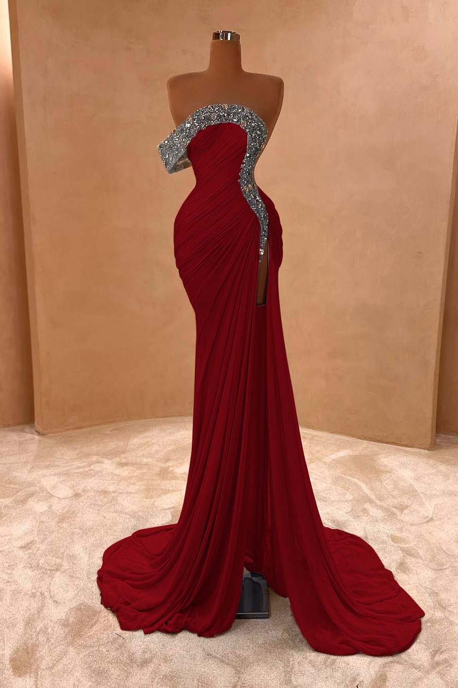 One Shoulder Sleeveless Long Split Evening Formal Dress With Pleated Sequined