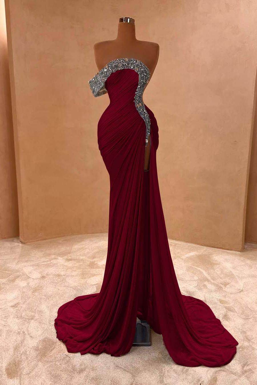 One Shoulder Sleeveless Long Split Evening Formal Dress With Pleated Sequined