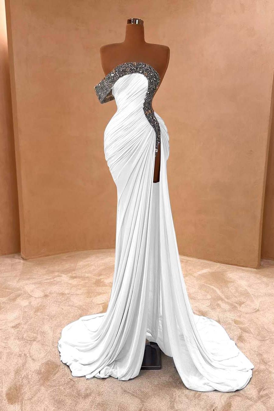 One Shoulder Sleeveless Long Split Evening Formal Dress With Pleated Sequined