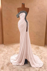 One Shoulder Sleeveless Long Split Evening Formal Dress With Pleated Sequined