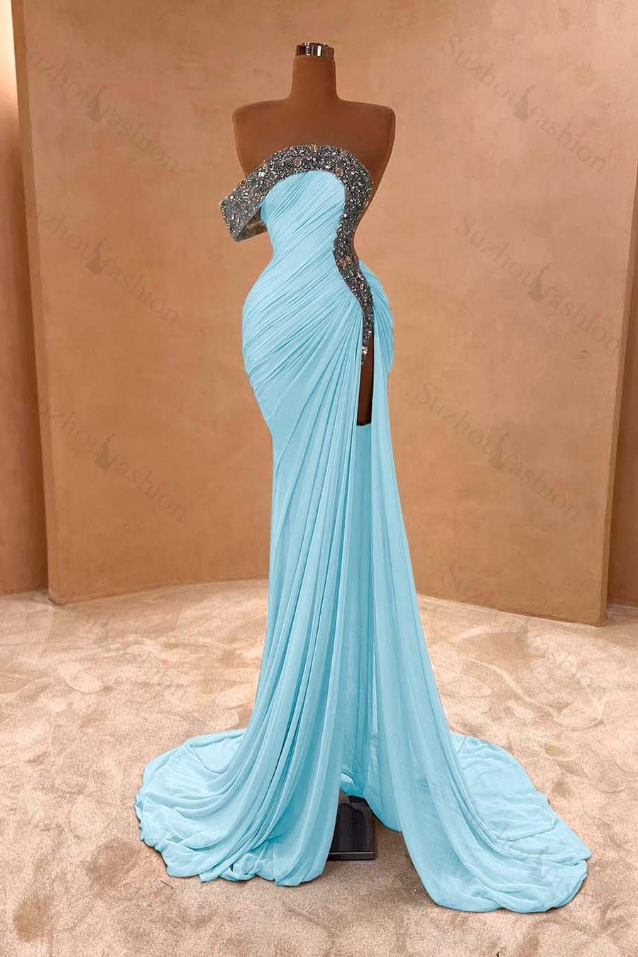One Shoulder Sleeveless Long Split Evening Formal Dress With Pleated Sequined