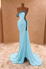 One Shoulder Sleeveless Long Split Evening Formal Dress With Pleated Sequined