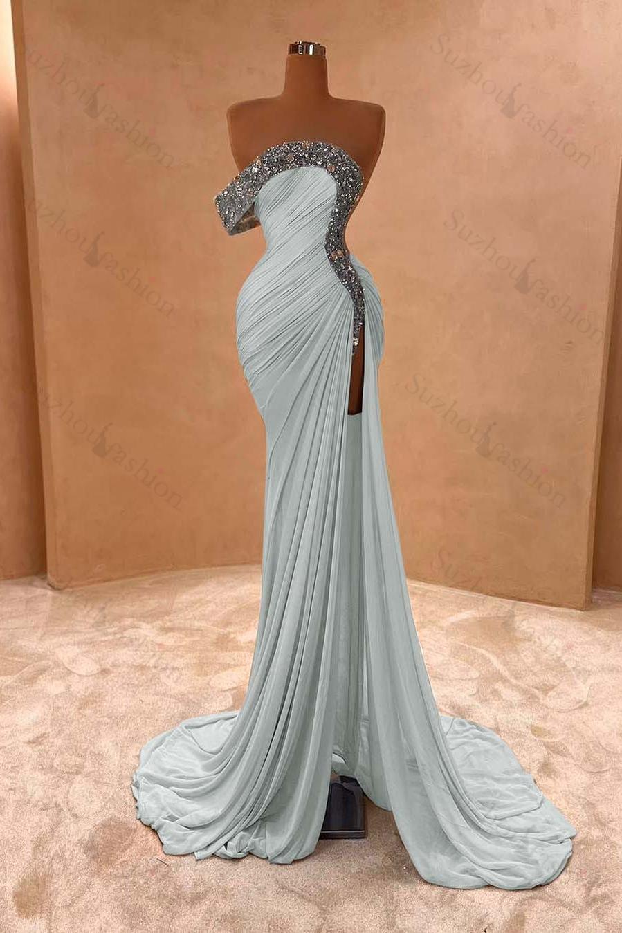 One Shoulder Sleeveless Long Split Evening Formal Dress With Pleated Sequined