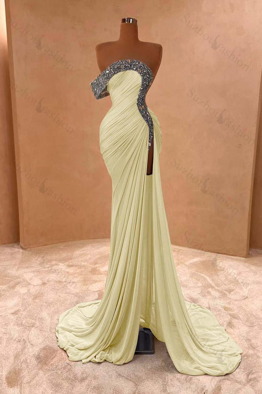 One Shoulder Sleeveless Long Split Evening Formal Dress With Pleated Sequined