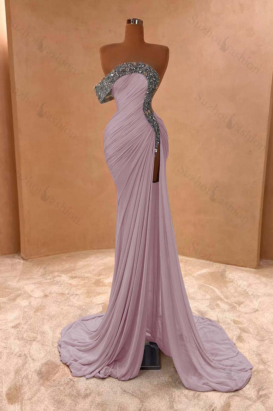 One Shoulder Sleeveless Long Split Evening Formal Dress With Pleated Sequined