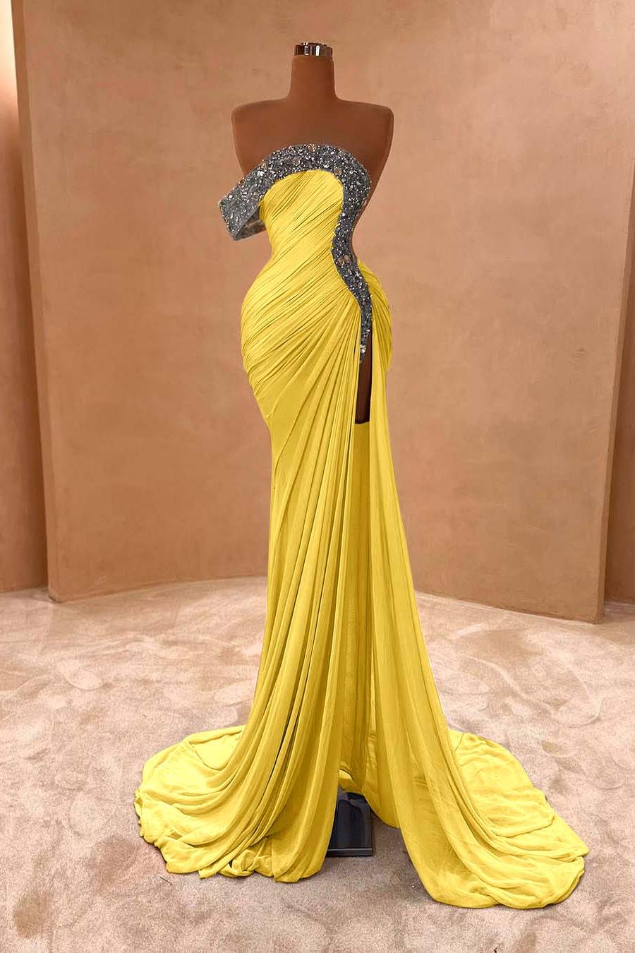 One Shoulder Sleeveless Long Split Evening Formal Dress With Pleated Sequined