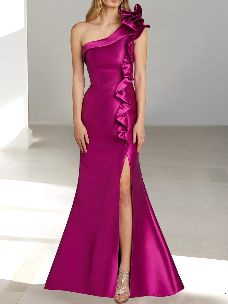 One Shoulder Sleeveless Mermaid Trumpet Mother Of The Bride Dress with Side Split